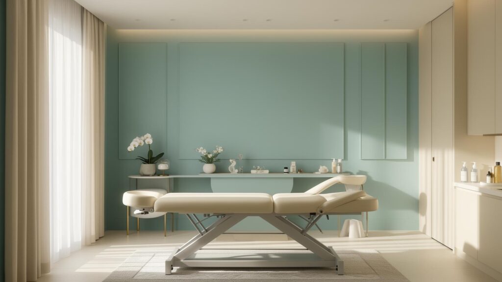 Quiet spa treatment room with a treatment table, soft natural light, calming colors, and wellness products at The Day Spa at Goldsboro Spine Center in Goldsboro, NC.