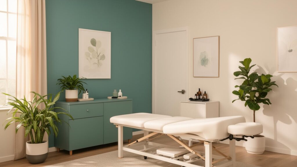 Calming massage therapy room with a treatment table, plants, soft natural light, and spa products at The Day Spa at Goldsboro Spine Center in Goldsboro, NC.